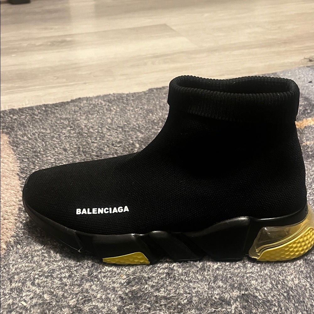 Balenciaga Black Knit Sock Sneaker with Yellow Sole Accents